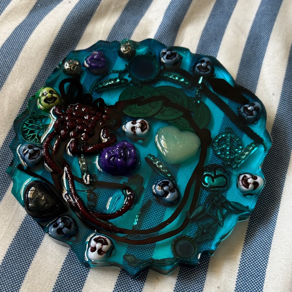 Teal Decorative resin Trinket coaster with Buddha Accents